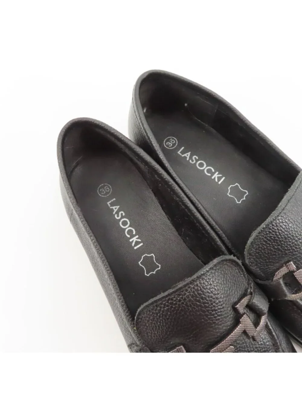 Lasocki Womens 36 EU 6 US Black Leather Metal Equestrian Slip On Loafer Shoes